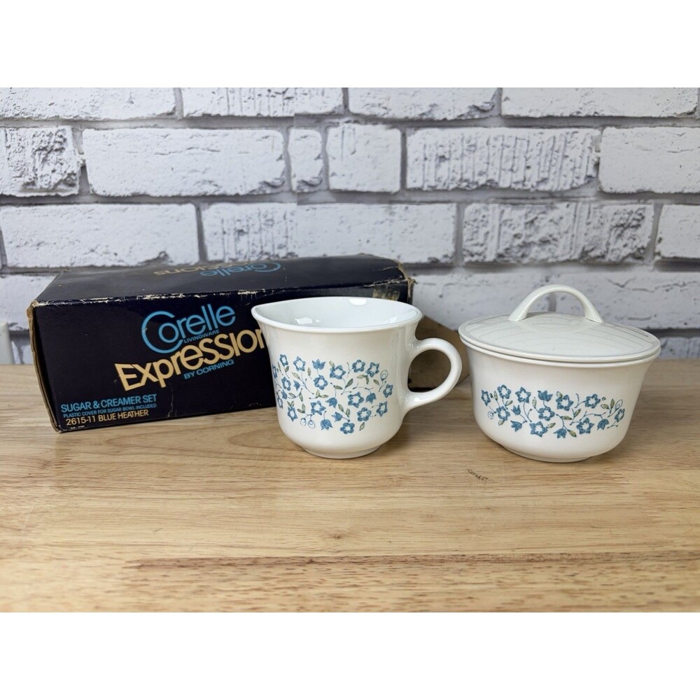 Corelle BLUE HEATHER LIDDED SUGAR BOWL & CREAMER New Old Stock In Box Vintage